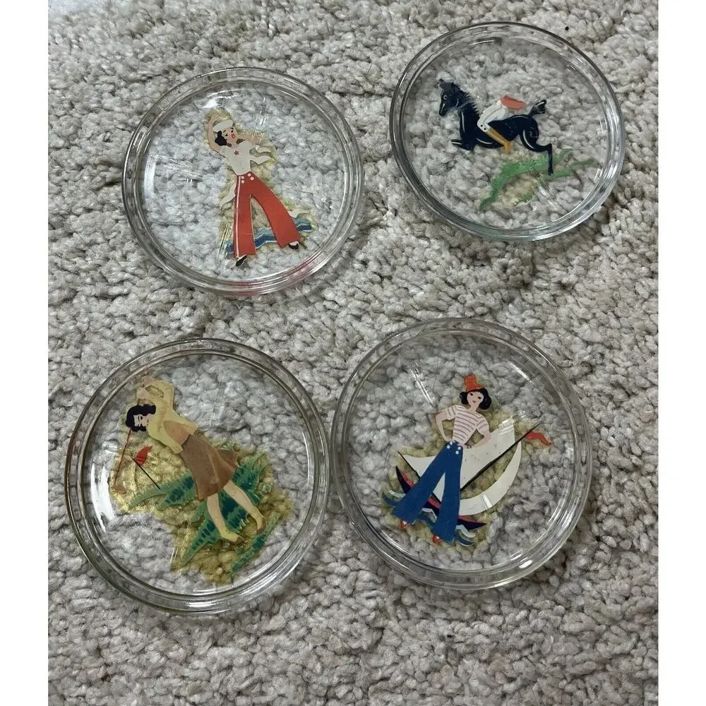 Vtg Set Of 4 Alberto Vegas Style 1940’s Glass Women In Sports Retro Coaster Set